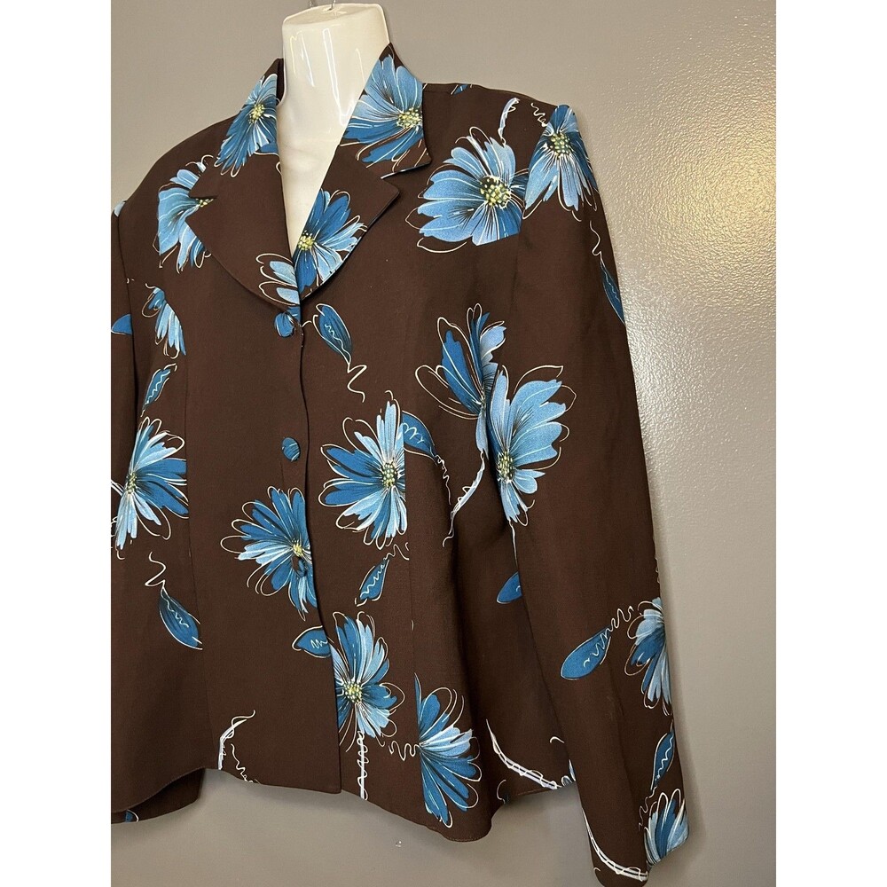 Vintage Queens Fashion Jacket Womens 2XL Brown Blue Floral Blazer 90s Retro Rare - Picture 3 of 6